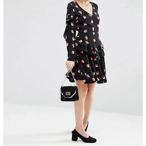 ASOS Black Ruffle Dress With Red and Pink Hearts Size 6
